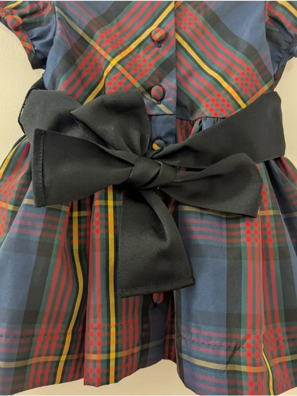 Ralph Lauren Holiday Tartan Girls Dress With Black Bow Sash & Back Buttons